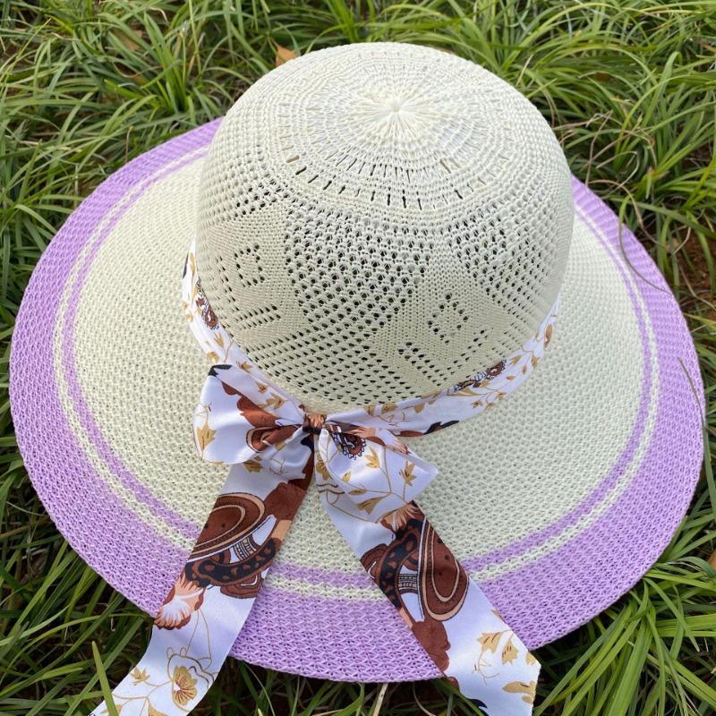 Mesh Vacation Bow Ribbon Straw Hat Ladies Color Sunscreen Breathable Big Brim Sweet Sun Hat