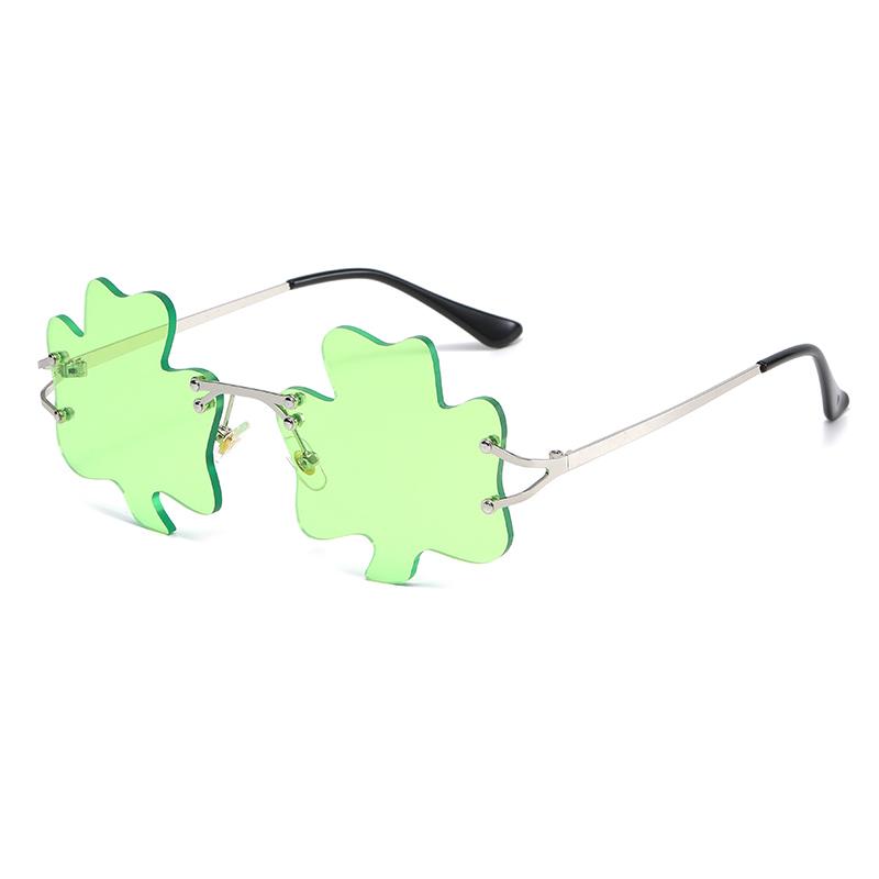 St.Patrick's Day Irish Clover Glasses Green Lens Sunglasses Four-leaf Clover Glasses Party Rimless Sunglasses
