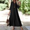 Women's Fashion V-Neck Seven Sleeve Pocket Solid Color Zipper Casual Vacation Long Cotton Linen Dresses