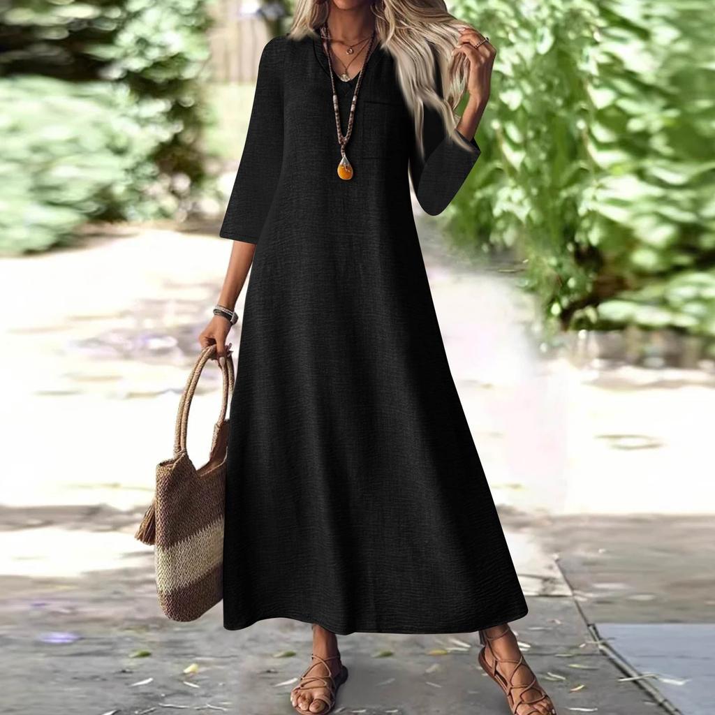 Women's Fashion V-Neck Seven Sleeve Pocket Solid Color Zipper Casual Vacation Long Cotton Linen Dresses