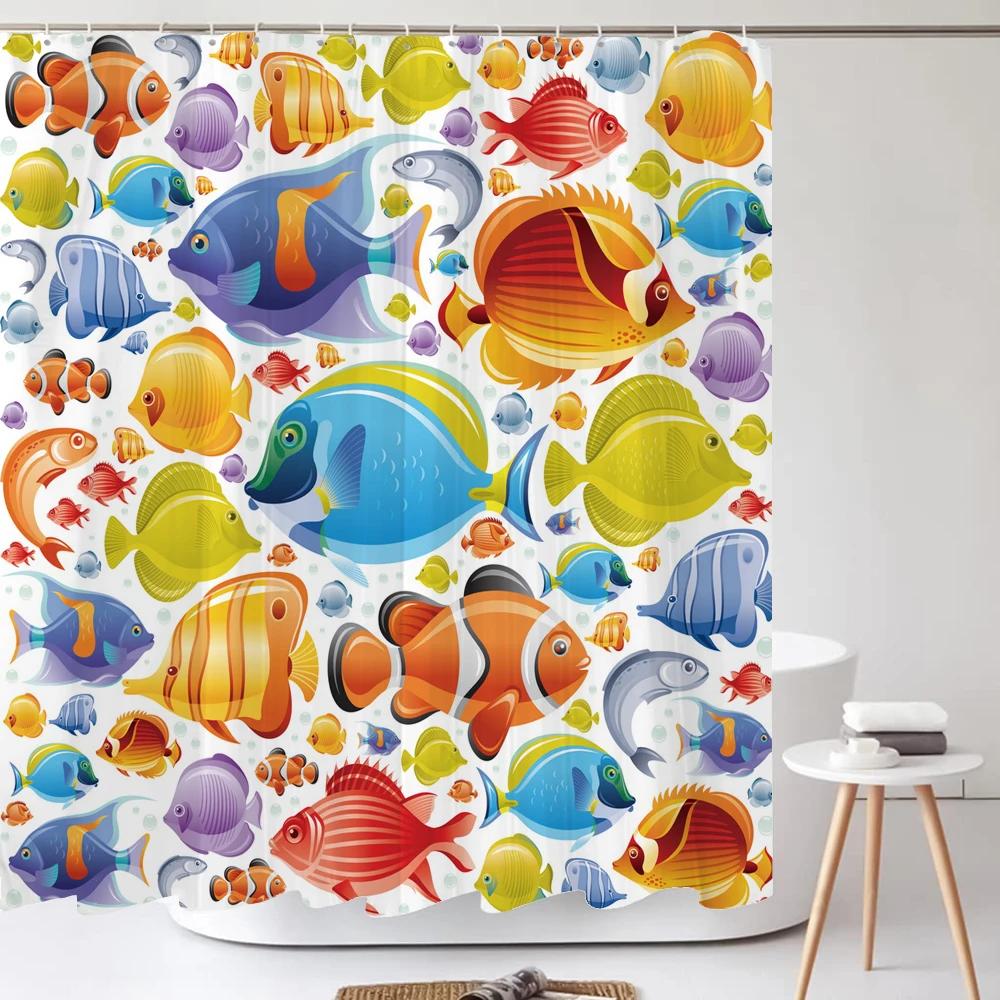 Dolphin Shower Curtain, Blue Underwater World Marine Life , Polyester Fabric Kids Ocean Theme Bathroom Decor Set with 12 Hooks