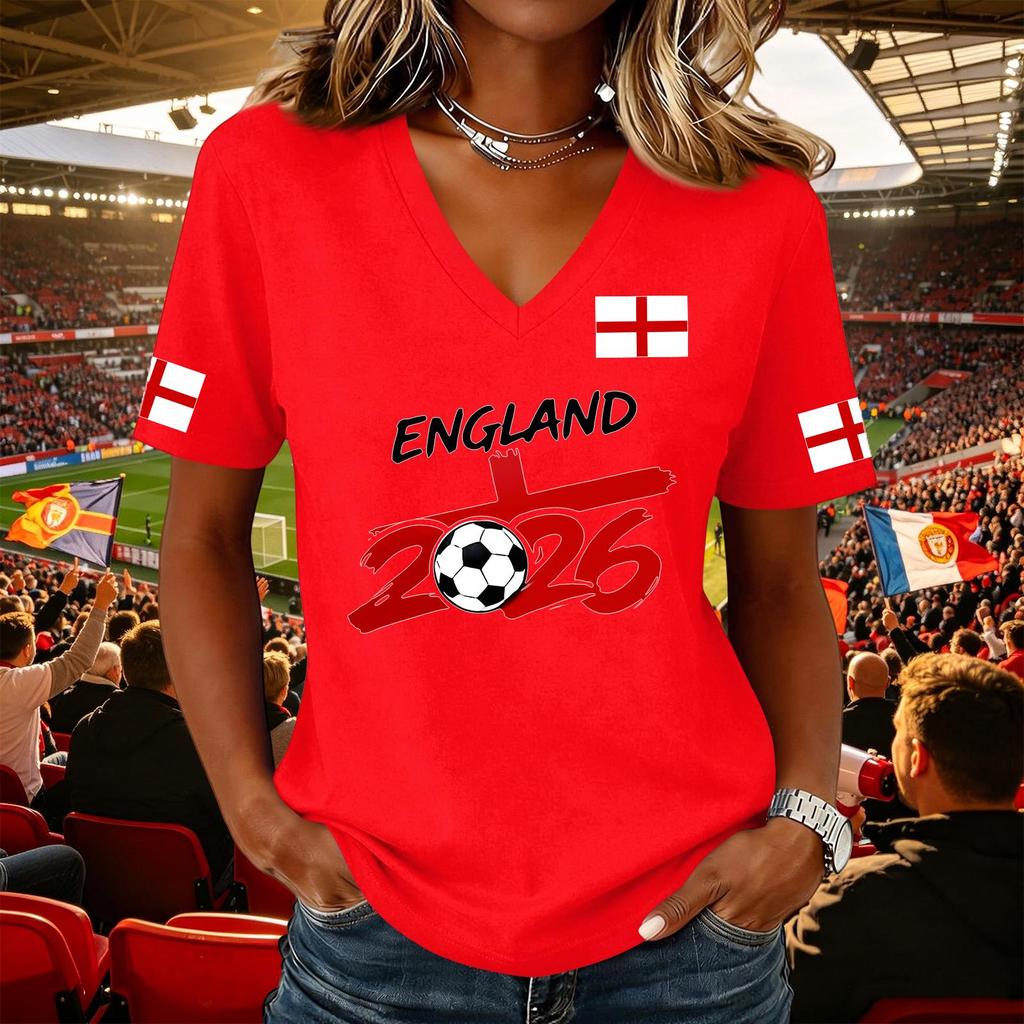 Women's Casual V Neck Short Sleeve Pullover Top Football Flag Print Support Tee Shirt for Sports Events