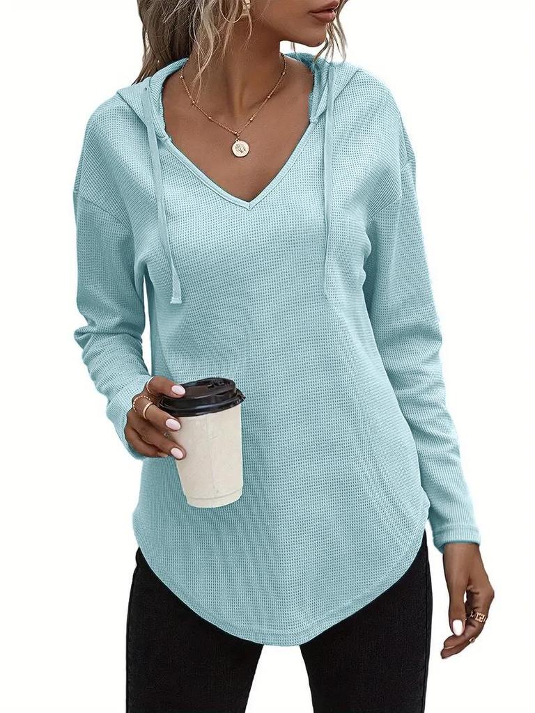 V-neck Loose Hooded Waffle Knit Plus Size Sweatshirt
