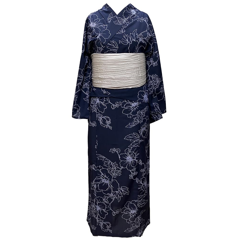 Kyoto Kimono Yuzen Two-Piece Yukata Set with Navy Obi, Easy To Dress, Two-Piece Yukata, 2-Way Set with Heko Obi (Heko Obi)