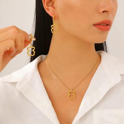 Earrings 3D Hollow Bear Design Stainless Steel Ear Loop Fit Leverback Earrings Adjustable Length Choker Necklace Jewelry Gift