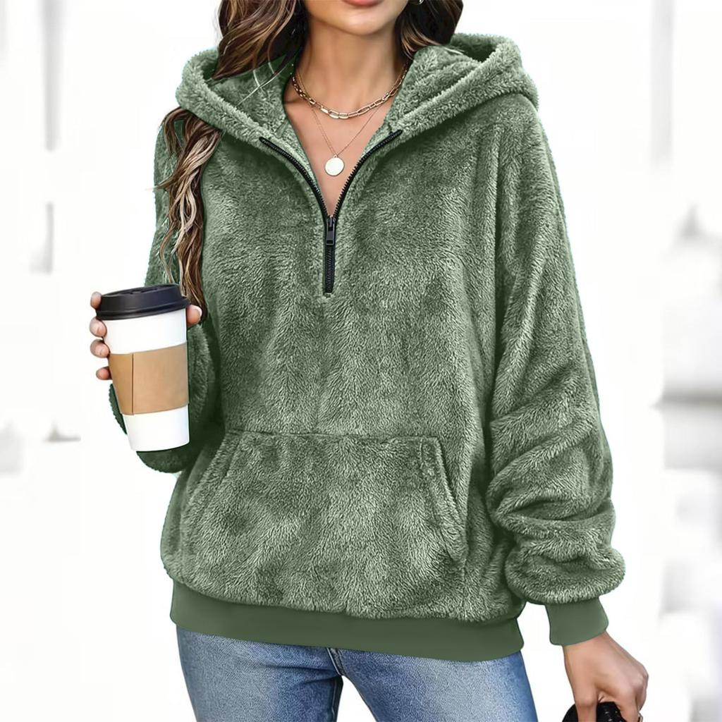 Women's Flannel Half-Zip Hooded Sweatshirt for Fall and Winter Casual Wear