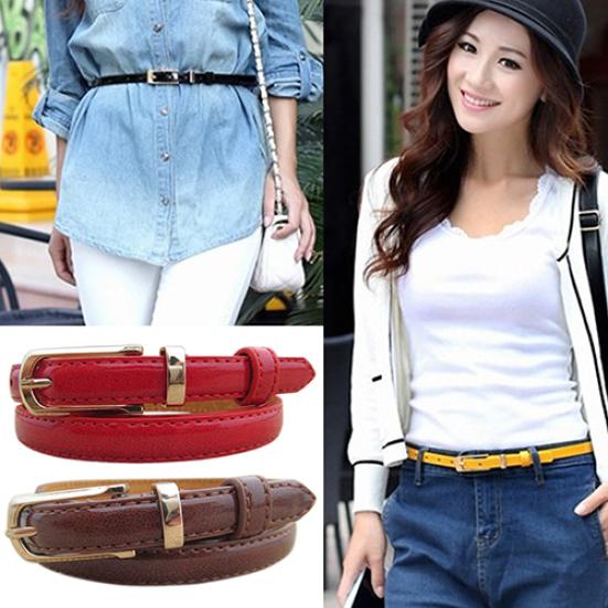 Women Thin Faux Leather Belt Cummerbund Candy Tone Buckle Casual Waistband Strap