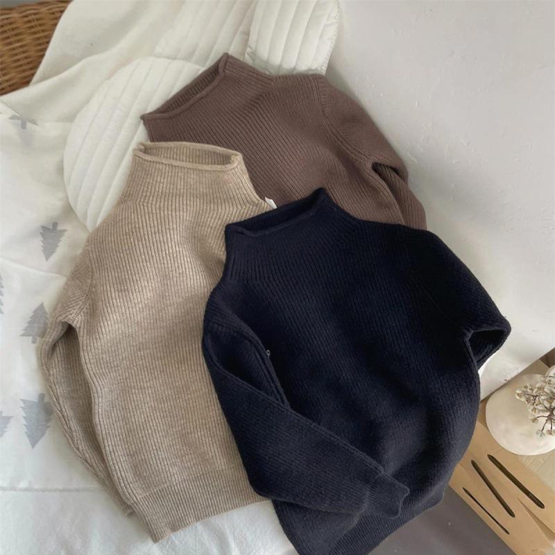Ready Stock: Korean Kids' Half-High Collar Solid Color Knitted Pullover for Boys & Girls - Spring/Autumn