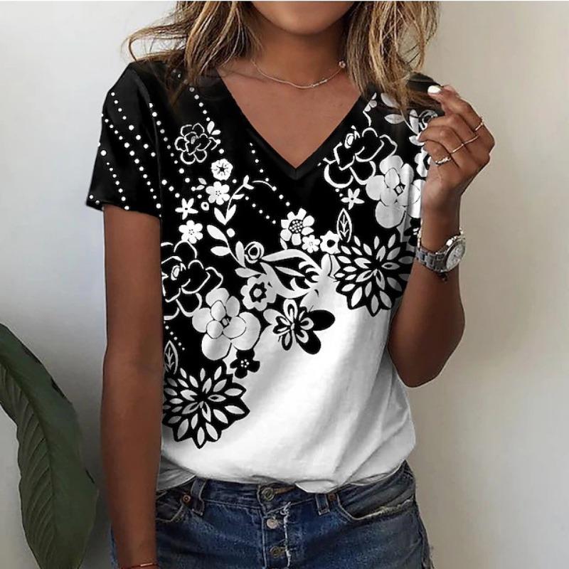 Women V Neck Floral Print Lace Patchwork Short Sleeve Casual T Shirt