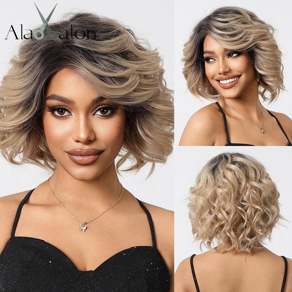 ALAN EATON Medium Length Lace Synthetic Wigs Wavy Red Brown Highlight Wig for Black White Women Natural High Density 18inch
