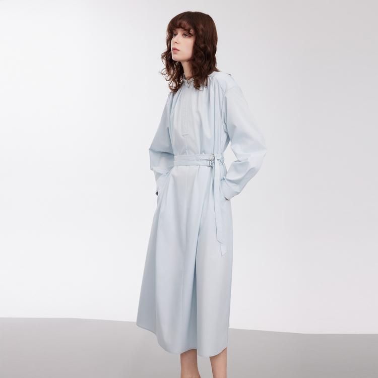Elle Elegant Double Belt Stand Collar Spliced Midi Long Sleeve Dress Women dress Light-Blue EL50549