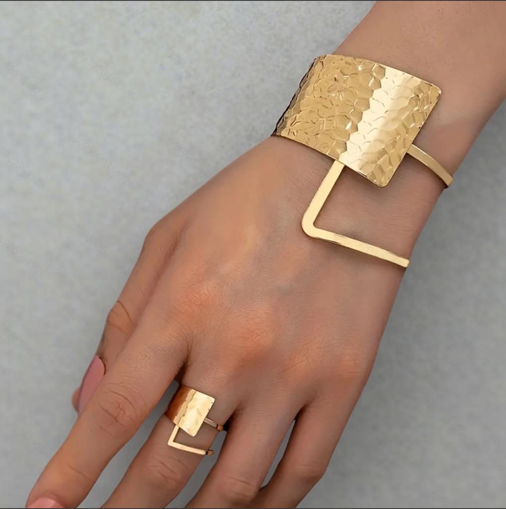 Metal Design Geometric Ladies Open Bracelet Ring Set Exaggerated Punk Temperament Jewelry