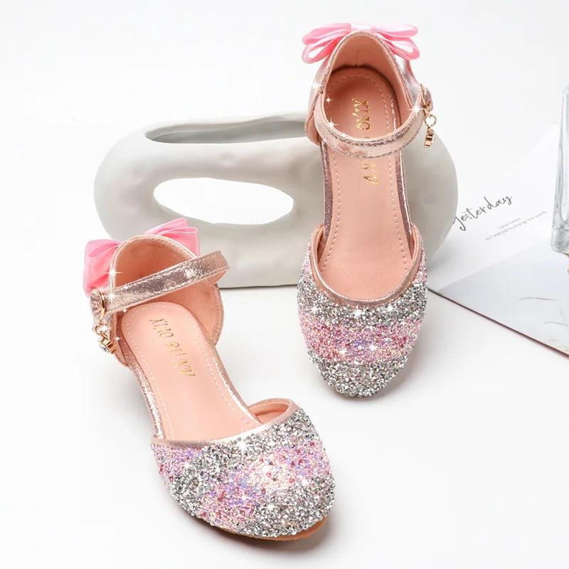 Children's Leather Shoes Fashion Sequins Kids Princess Single Shoes Glitter Bowknot Girls Party Wedding Sandals Dress Mary Janes