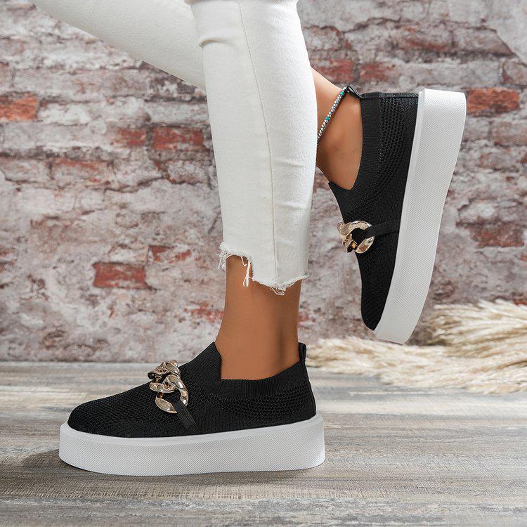 Chunky Sole Fly-Knit Slip-On Loafers with Chain Decoration - Women's Breathable Low-Top Shoes