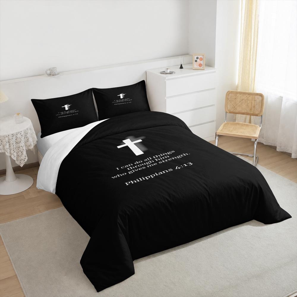 Black White Cross Philippians 4 13 Bedding set (1 duvet cover, 2 pillowcases, duvet not included), Faith Strength Scripture Art Print