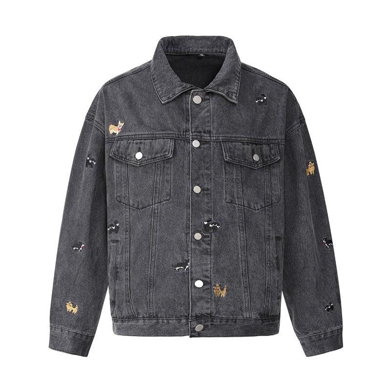 Unisex Oversized Denim Jacket With Embroidered Cartoon Dog Streetwear 2026 Casual Outerwear