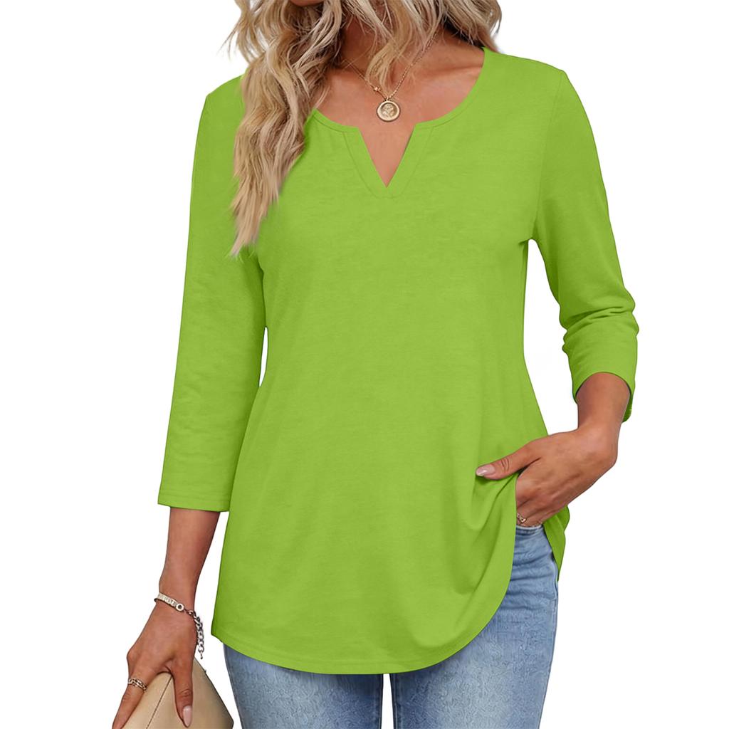 Modisches lässiges Damenoberteil mit V-Ausschnitt und Rundhalsausschnitt, 3/4-Ärmel