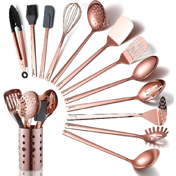 Copper Kitchen Utensils Set,13 Pieces Stainless Steel Cooking Utensils Set With Titanium Rose Gold Plating,Kitchen Tools Set With Utensil Holder For