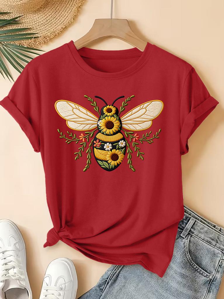 Bee Sunflower Print  Spring Summer Newest Women's Round Neck Imitation Style Bee Sunflower Print Short Sleeved Harajuku T-Shirt