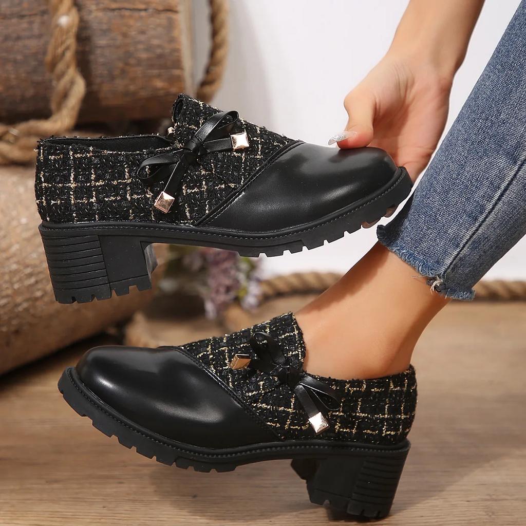 Fashion Comemore Women's Elegant Colorblock Pumps 2025 Spring New Thick Heel Ladies Single Shoes Round Toe Bowknot Decor Heels for Women