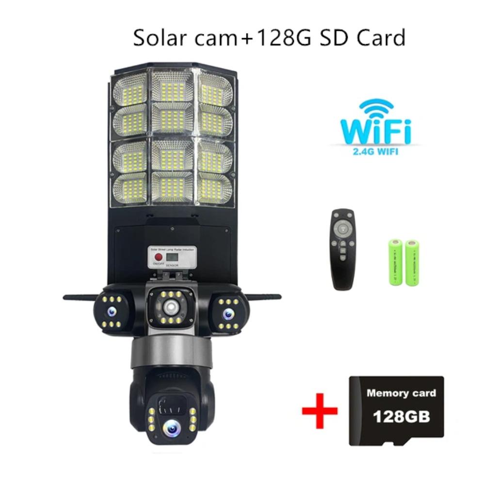 Solar 4G Street Light Camera, 10X Zoom, 3-Lens Recording, Humanoid Tracking, Outdoor Camera Lamp, Remote Control, Waterproof Design