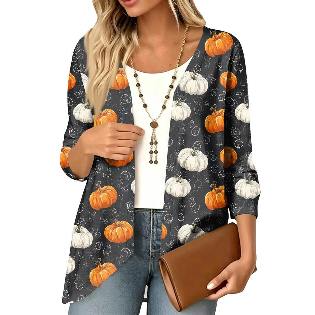 Cardigan décontracté léger ample à manches 3/4 imprimé pour femme pour Halloween