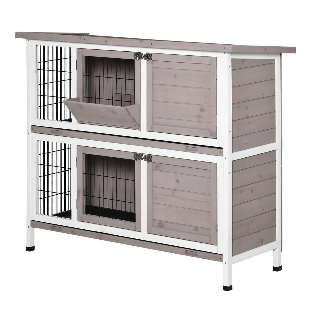 Conigliera in legno massello, 2 livelli, tetto apribile con mangiatoia, vassoi scorrevoli, 4 porte, 122 x 50 x 101 cm, grigio e bianco