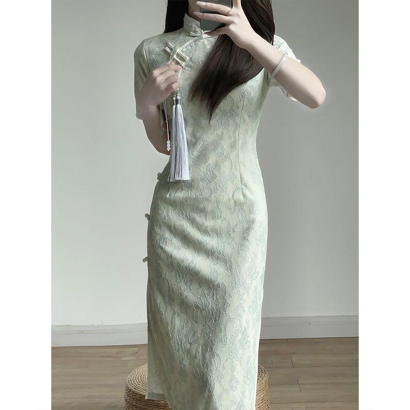 Small and short improved cheongsam women's waist and hip slim fit medium and long new Chinese dress shows high summer