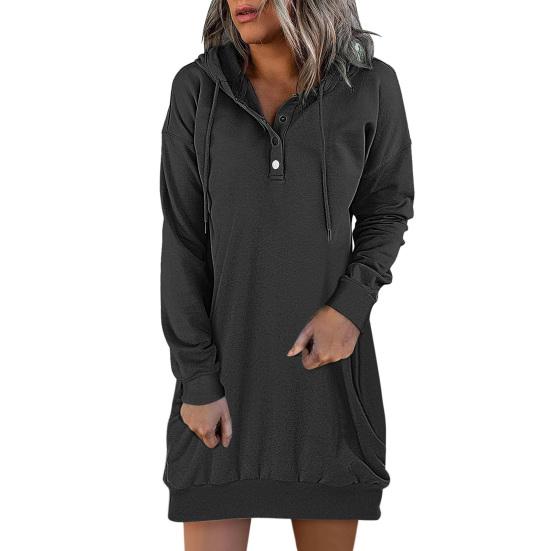 Women Autumn Hoodie Loose Solid Color Hooded Drawstring Long Sleeves Warm Sweatshirt Buttons Pure Color Spring Hoodie for Daily Wear