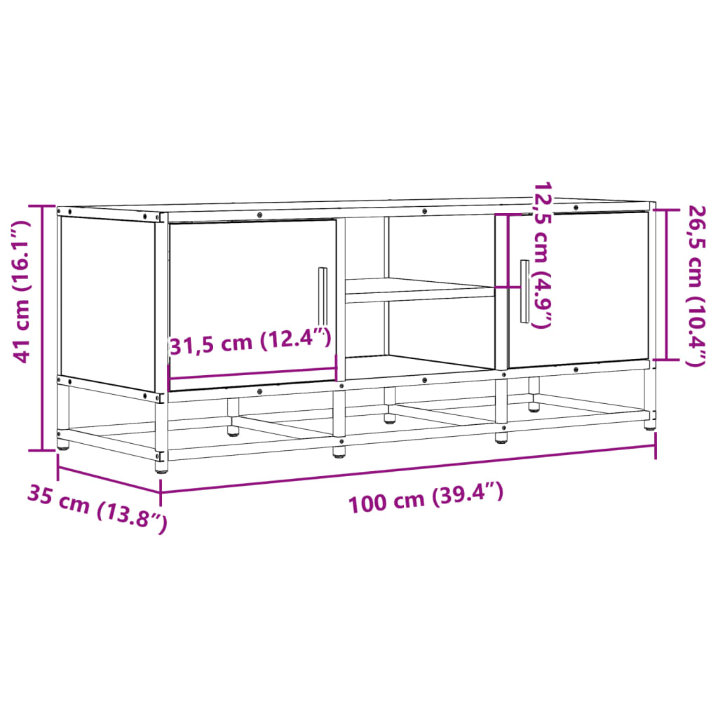 TV Stand Smoked Oak Finish 100 x 35 x 41 cm Engineered Wood and Metal