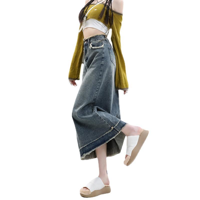 Summer Frayed A-line Hip-Hugging Denim Skirt - Retro Fashion, Niche, High Waist for Women
