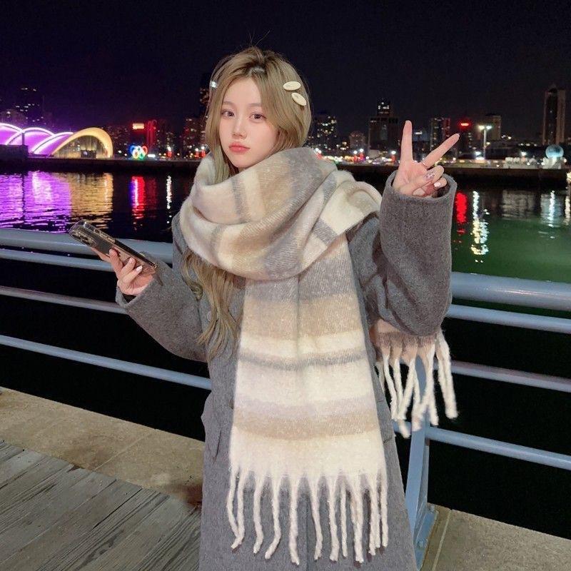 New mohair plaid scarf, versatile in autumn and winter, Korean atmosphere imitation cashmere small version student warm scarf