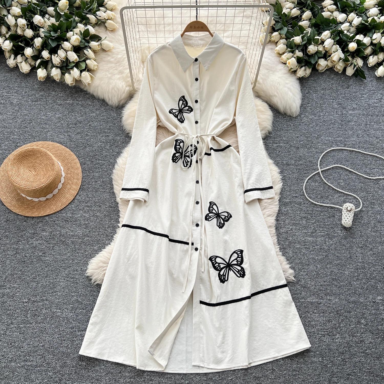 

Элегантный вышитый бабочкой воротник-поло винтажный длинный рукав однобортный тонкий А-силуэт длинное платье французская уличная одежда One Size белый