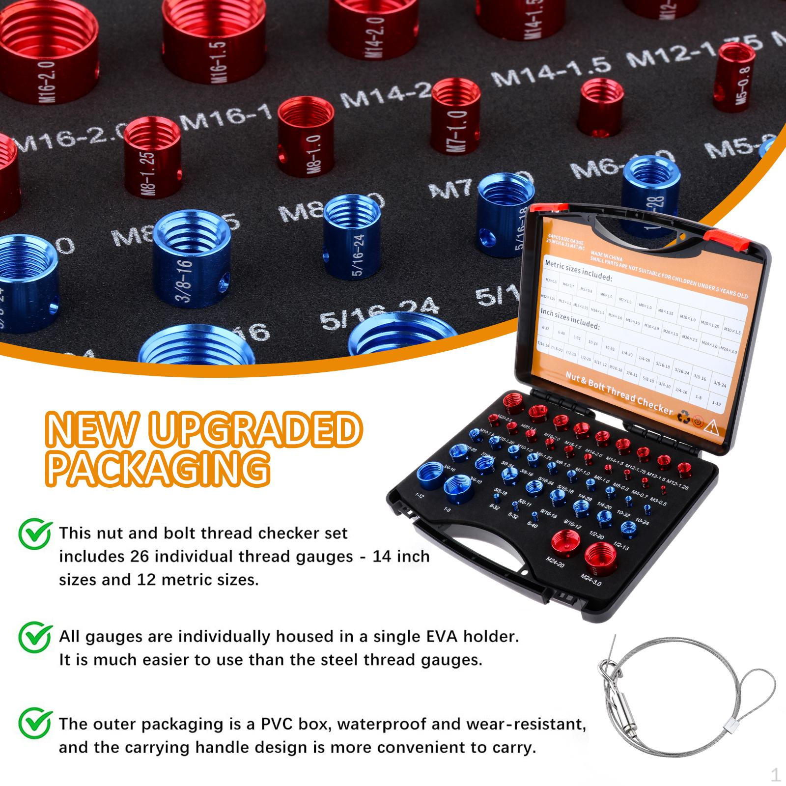 

44 шт., идентификатор проверки резьбы для гаек и болтов, 23 дюйма и 21 метрический размер, многофункциональный ящик для инструментов для