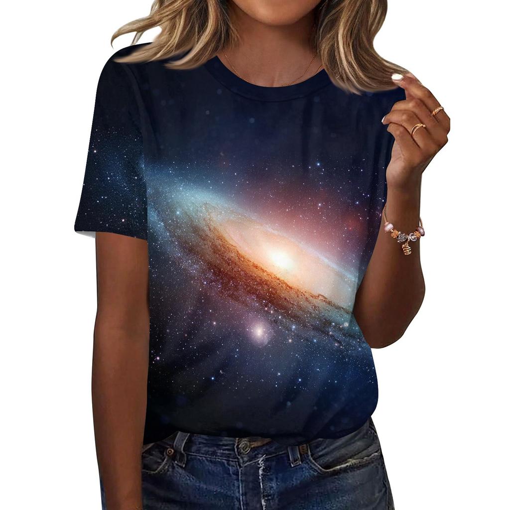 Women's Fashionable Casual Short Sleeve Print Round Neck Pullover Top