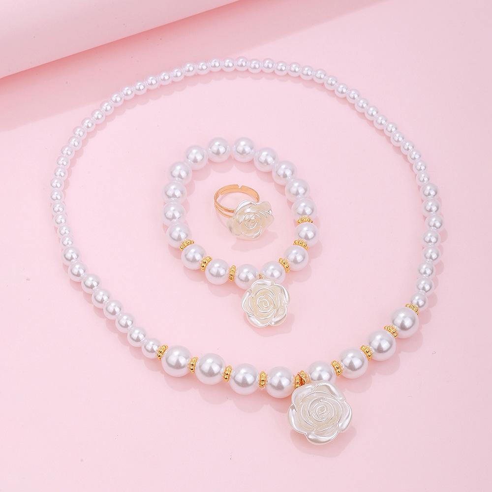 3pcs Set Cute Sweet Pearl Beaded White Camellia Flower Necklace Bracelet Ring for Women Girls Charm Children Jewelry Set Gift