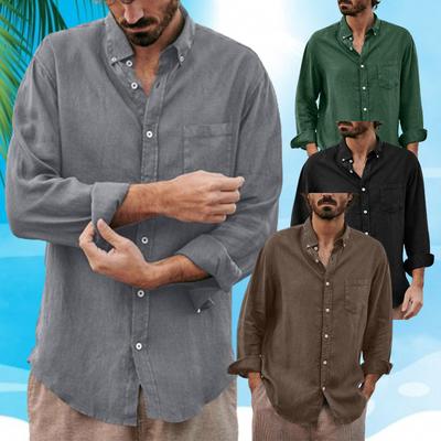 Camicie in Cotone e Lino da Uomo Camicie da Spiaggia Estive Camicie Botton-Down Collo alla Coreana Ampie Casual Streetwear Top a Maniche Lunghe