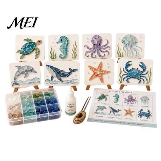 Nautical Beach Theme Craft DIY Sea Glass Art Mosaic Kit, Ocean Animal Themed Set for Adults Environmental Friendly Materials Beginner, Handmade