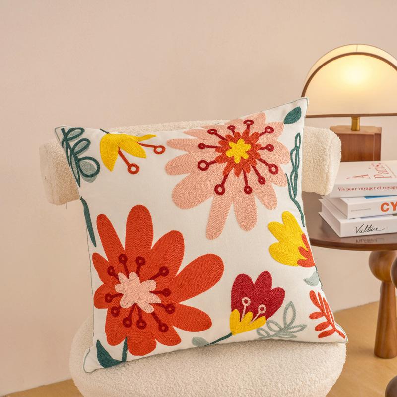 1pc Contemporary Floral Embroidery Throw Pillow Cover with Yellow Flowers & Green Leaves Zippered, Machine Washable for Living Room Decor