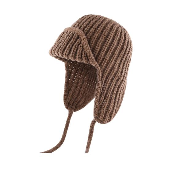 Women Knitting Hat Lace-up Solid Color Ear Protection Winter Elastic Hat Cold Weather Windproof Lei Feng Hat