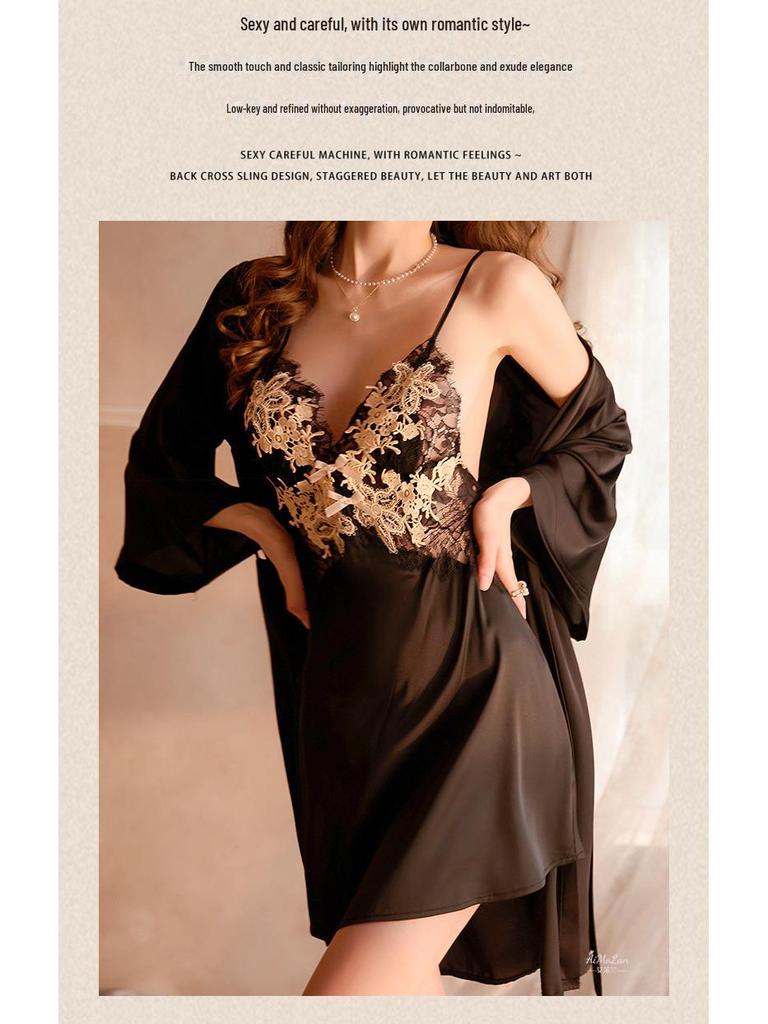 Meishilan Ice Silk Lace Flirtatious Nightdress and Bathrobe Set