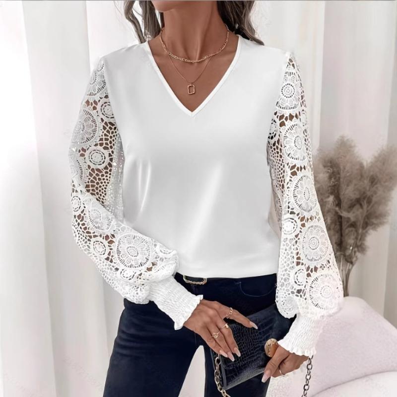 Vintage V-neck Loose Lace Patchwork White Shirts Women Elegant Casual Hollow Out Long Sleeve Blouses Women Tops Fashion Slim Fit Lady Tops 26209