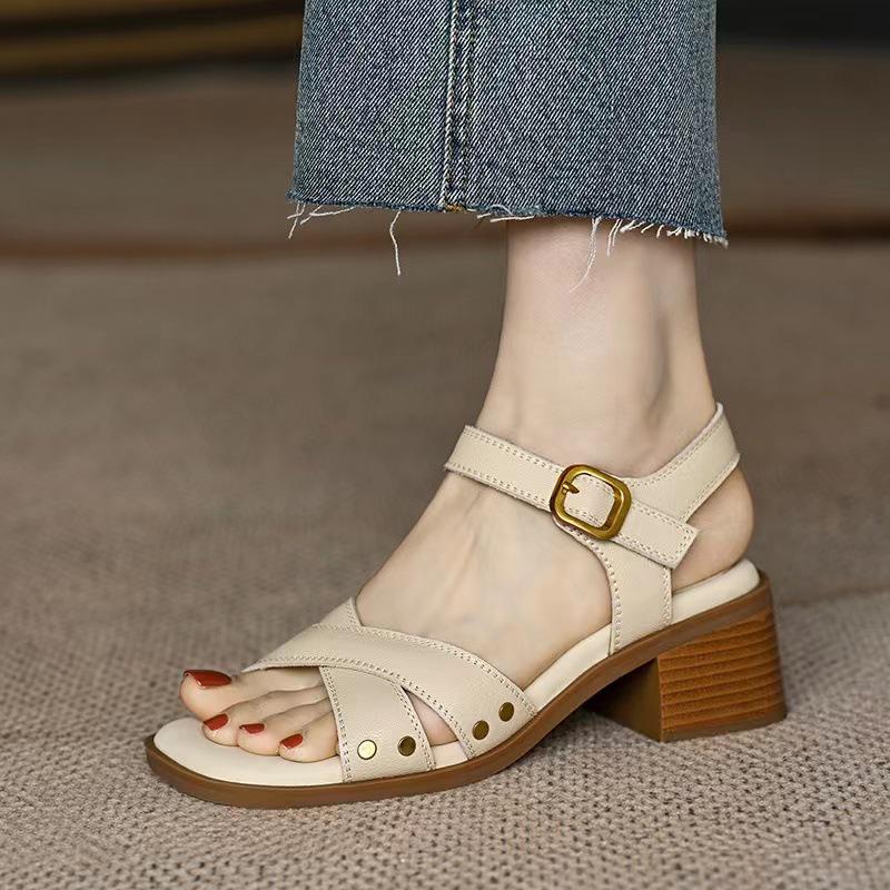 2024 Summer French Mid-Heel Open-Toe Cross-Strap Backless Women's Sandals - Chunky Heel, Ready Stock