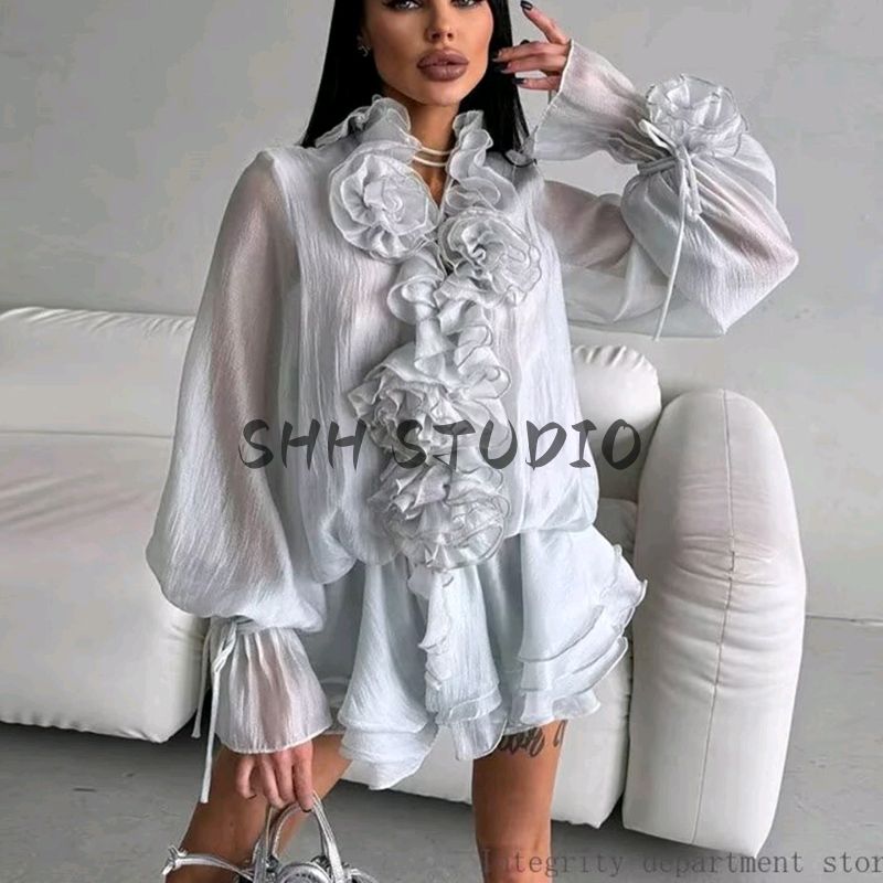 Fall New Women's Clothing French Romantic Style Stand Collar Lantern Long Sleeves Flower Decoration Short Dress Suit