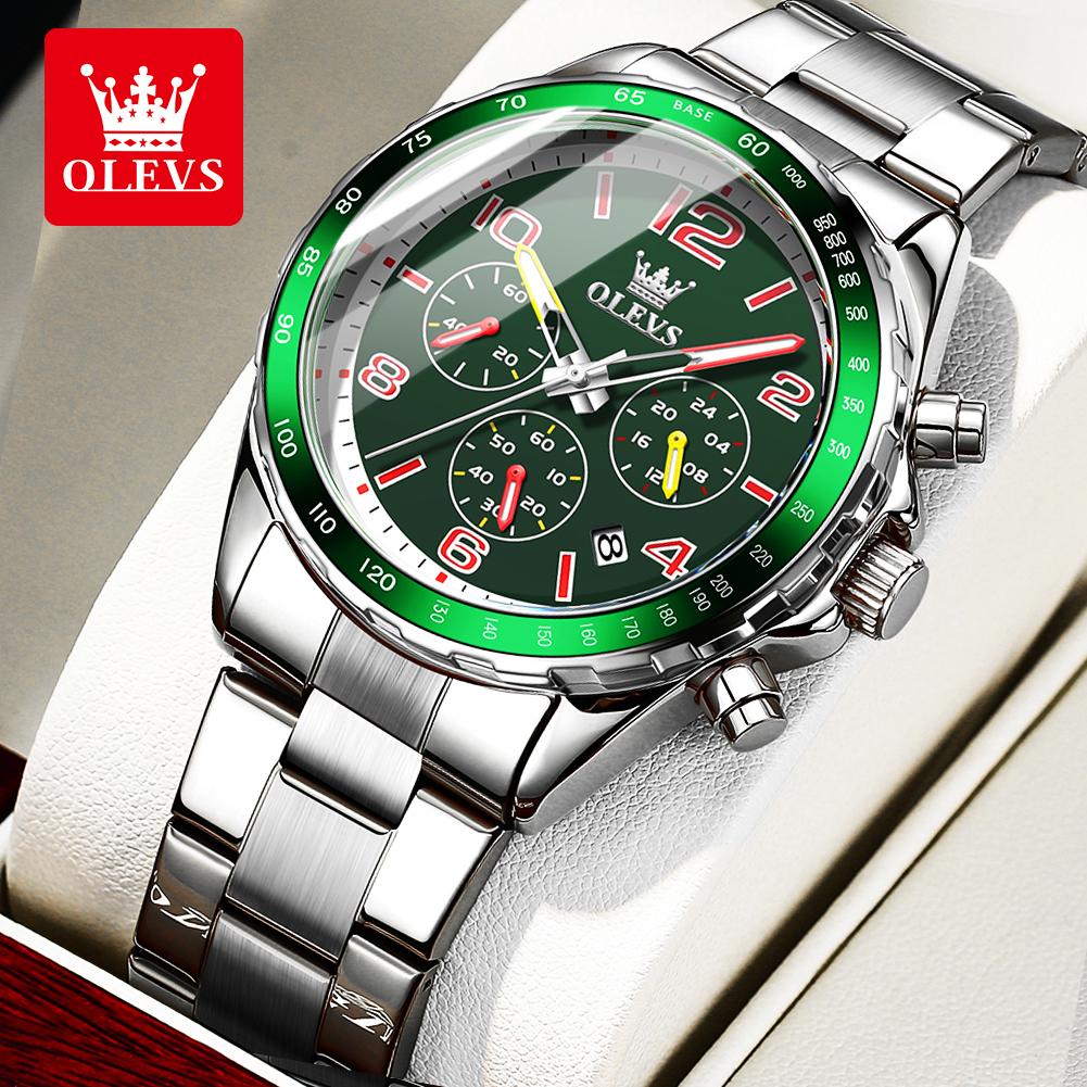 OLEVS TY714 Mens Watch Classic Fashion Original Quartz Chronograph Wristwatch Waterproof Stainless Steel Luminous Date With Box