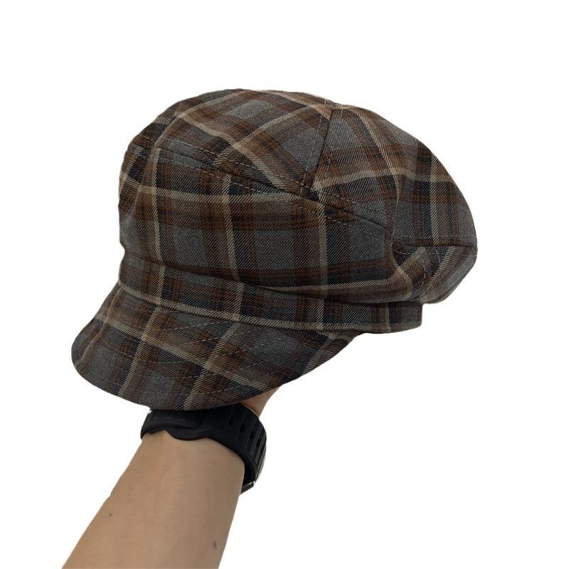 New retro polished plaid soft brim cap women's literary small fresh beret pastoral newsboy hat