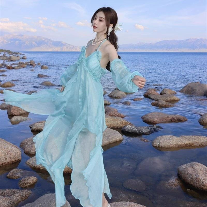 French Beautiful Blue-green Holiday Style Neck Sling Dress Seaside Photo Fairy Beach Halter Dress 2026