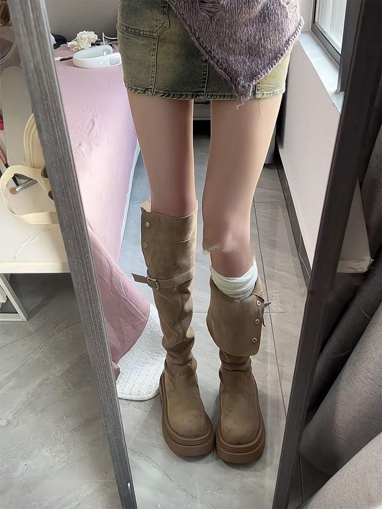 Two wear folded thick-soled boots for children in the autumn and winter of 2024, new thin boots, thick heels and knee knight boots for women