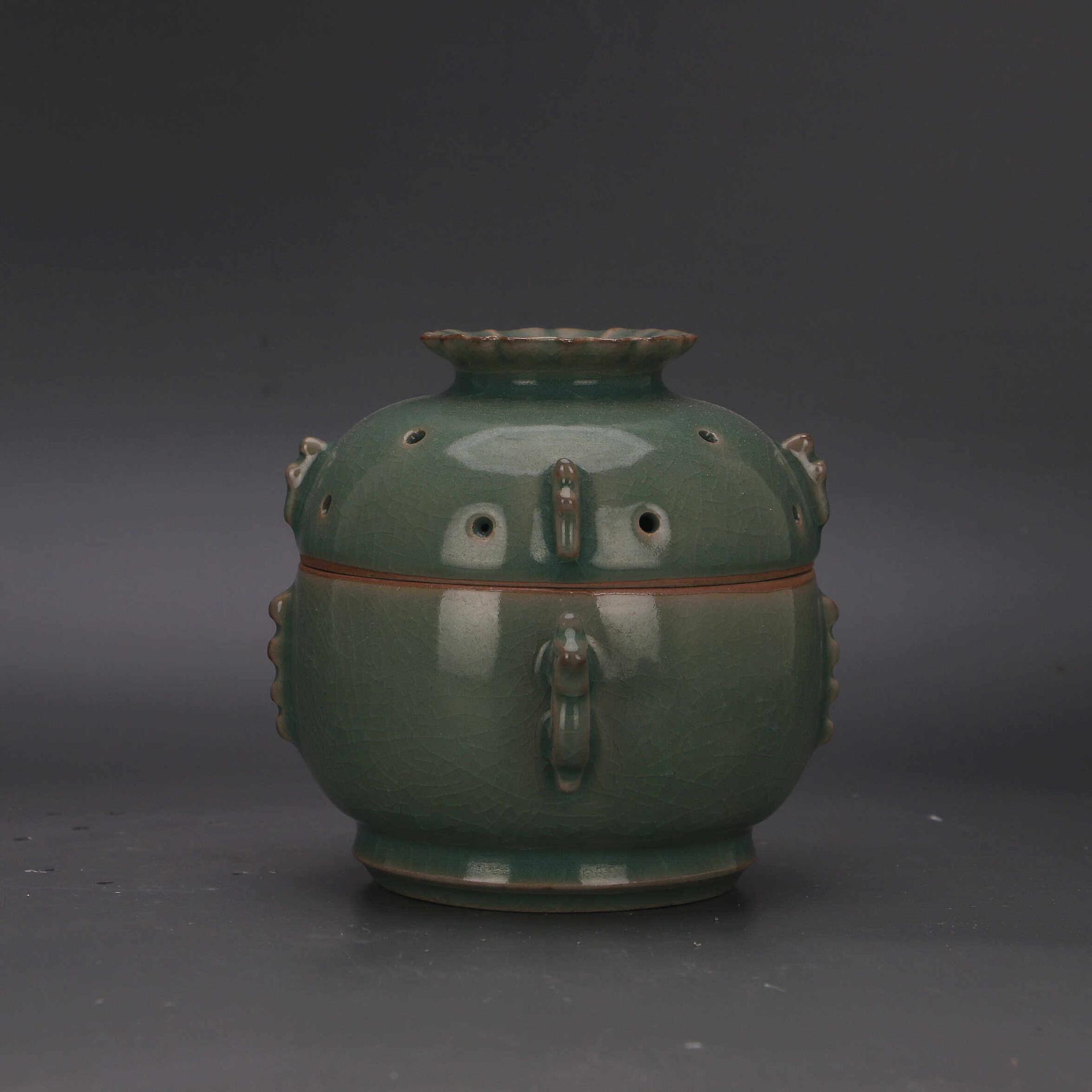

Song Dynasty Ru Kiln Blue Glaze Lotus Pod Incense Burner with Double-Ear Four-Handle Design, Wenge Antique Imitation Porcelain Collection Piece