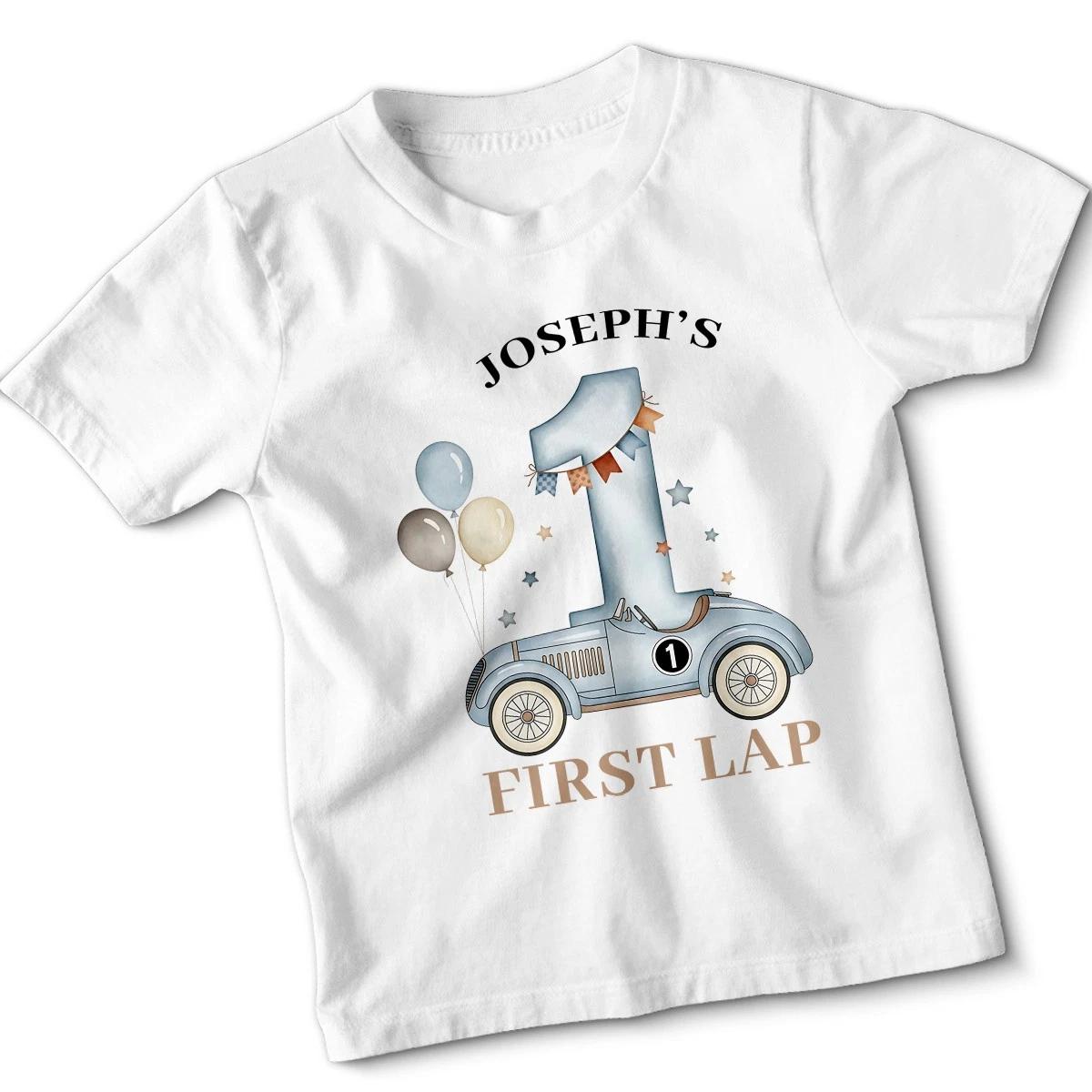 Personalised Birthday Kids T-Shirt First Lap One Year Old Boys Race Car Tee L